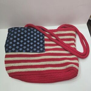 Purse American Flag Red White Blue Crochet Knit Bag  & denim like sparkle stars